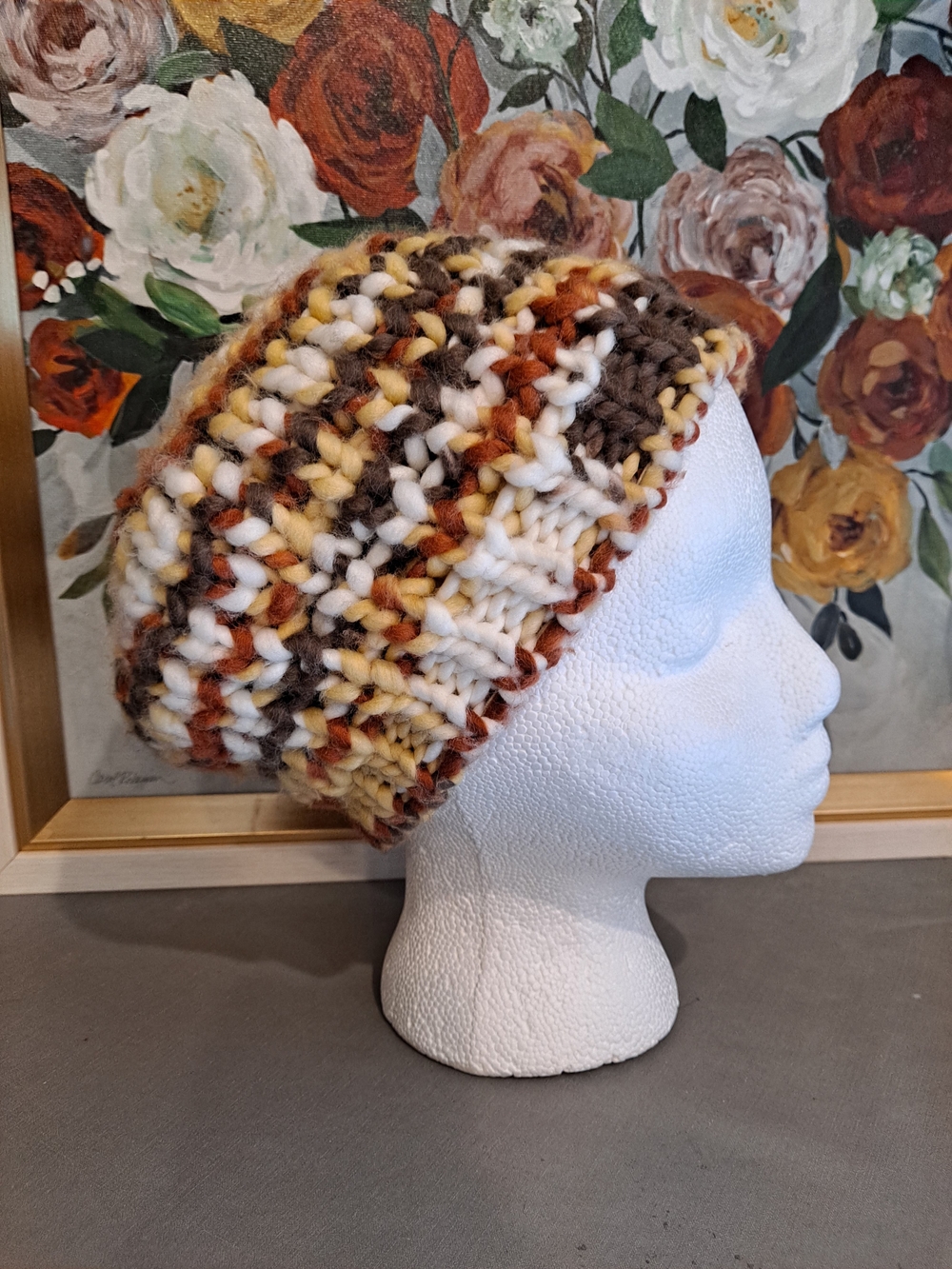 Billabong Chunky Knit Beanie Cream, Brown, Rust, Yellow Earth Tones Boho Hippie